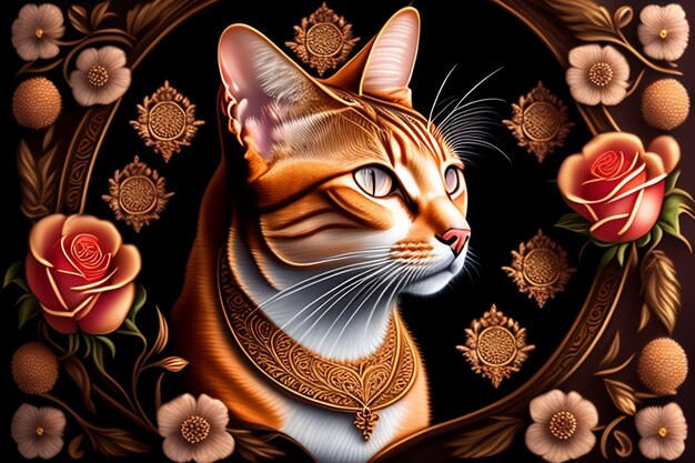 Uma pintura de um gato com uma coleira de ouro e um colar de ouro.