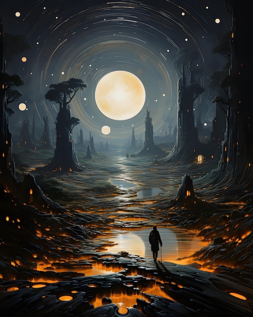 Foto grátis uma pintura de um homem caminhando por uma floresta