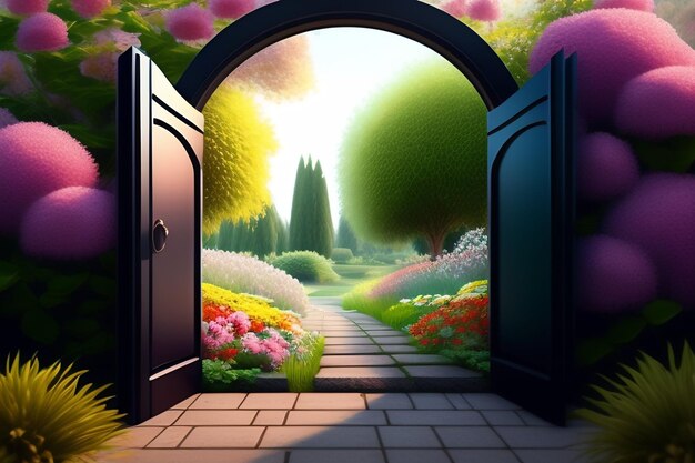 Uma pintura de um jardim com uma porta aberta para um jardim.