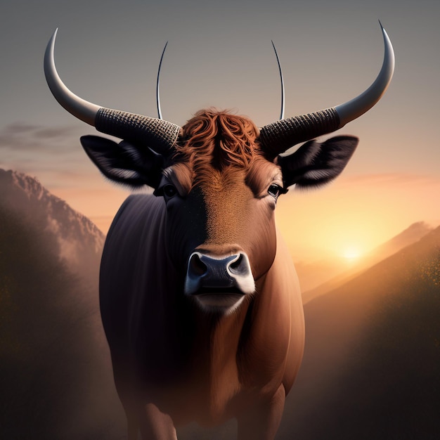 Foto grátis uma pintura de um touro com chifres e um pôr do sol ao fundo.