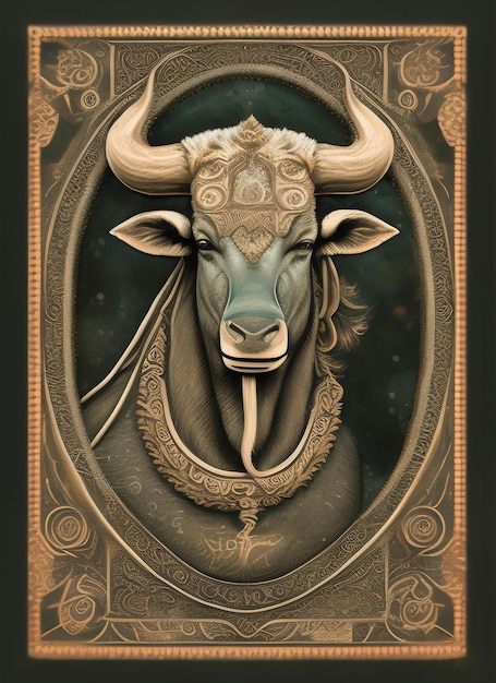 Foto grátis uma pintura de um touro com uma corrente de ouro em volta do pescoço.