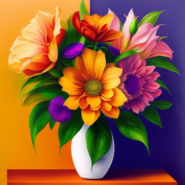 Uma pintura de um vaso com flores sobre uma mesa.