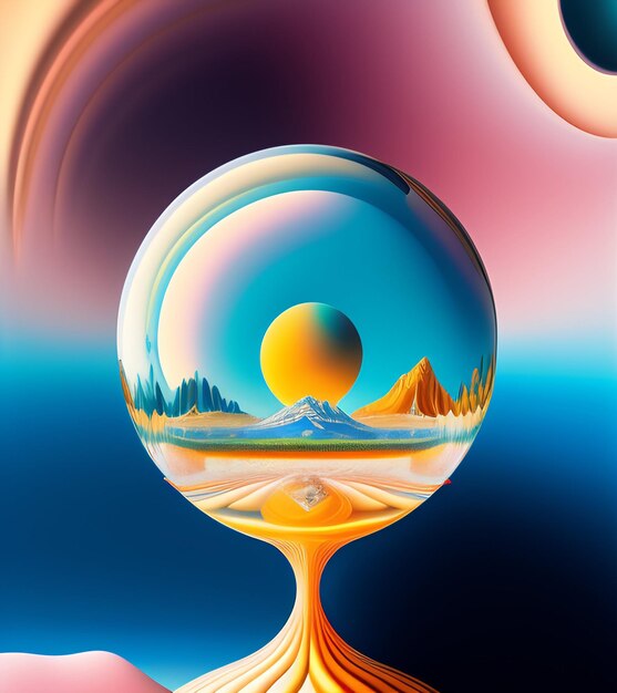 Uma pintura de uma bola com um pôr do sol e montanhas ao fundo.