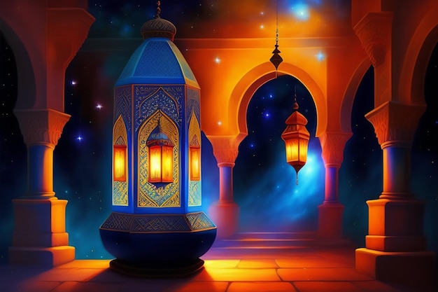 Foto grátis uma pintura de uma lanterna com as palavras eid al - fitr nela.