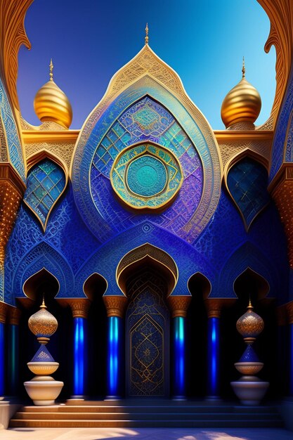 Uma pintura de uma mesquita com fundo azul e as palavras'al - adha'no topo.