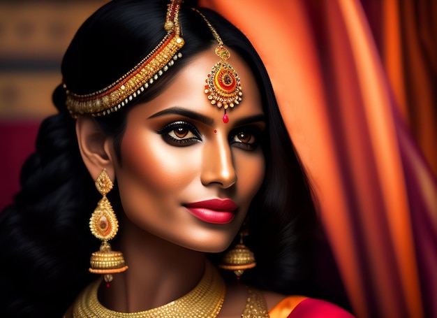 Foto grátis uma pintura de uma mulher com joias de ouro e um sari vermelho.