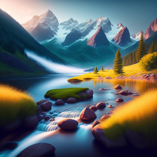Uma pintura de uma paisagem montanhosa com um rio fluindo através dela.