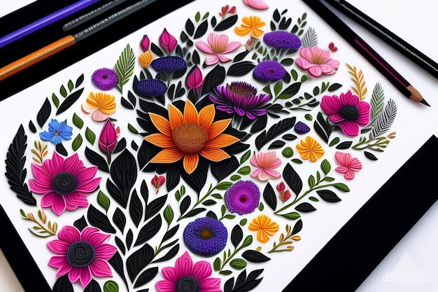 Foto grátis uma pintura floral colorida com um fundo preto e uma flor vermelha no meio.