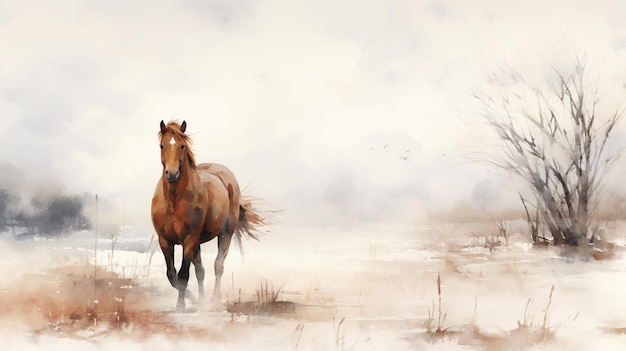 Uma pintura minimalista em aquarela com um cavalo em estilo de inverno