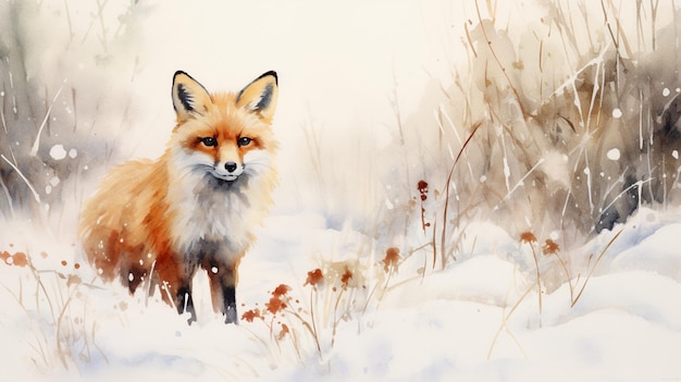 Foto grátis uma pintura minimalista em aquarela com uma raposa em estilo de inverno