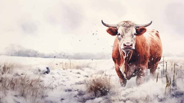 Foto grátis uma pintura minimalista em aquarela com uma vaca em estilo de inverno