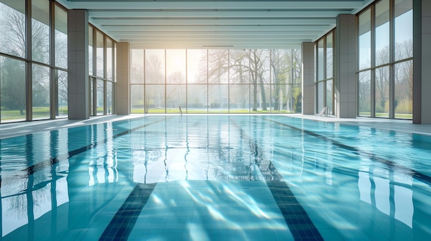 Uma piscina interior com grandes janelas que permitem que a luz natural ilumine a água azul cristalina