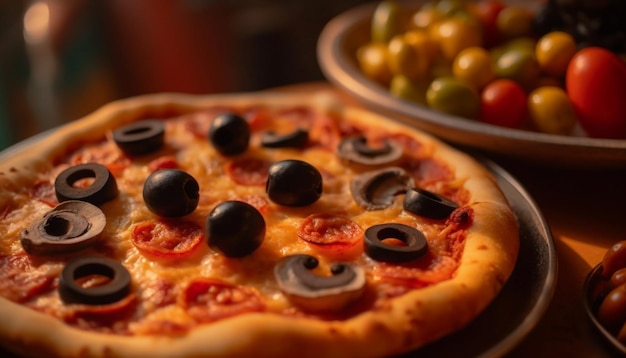 Foto grátis uma pizza com azeitonas ao lado de uma tigela de tomates