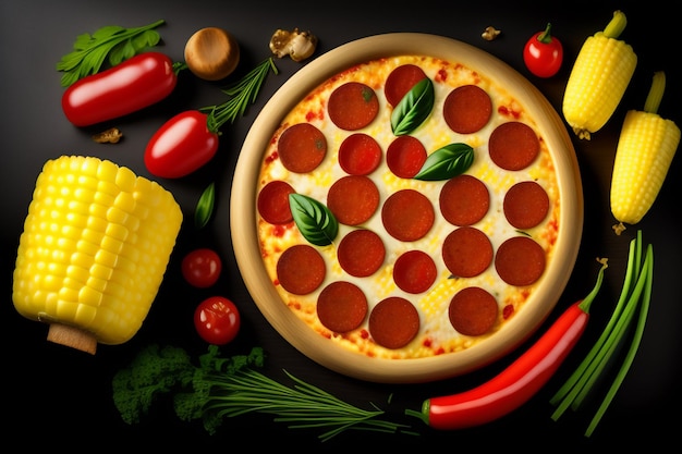 Foto grátis uma pizza com calabresa e outros ingredientes, incluindo milho, legumes e uma colher vermelha.