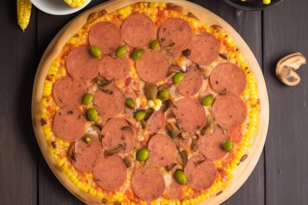 Foto grátis uma pizza com calabresa, milho e queijo