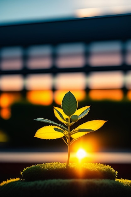 Uma planta com o sol se pondo atrás dela