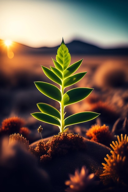 Uma planta no deserto com o sol atrás dela