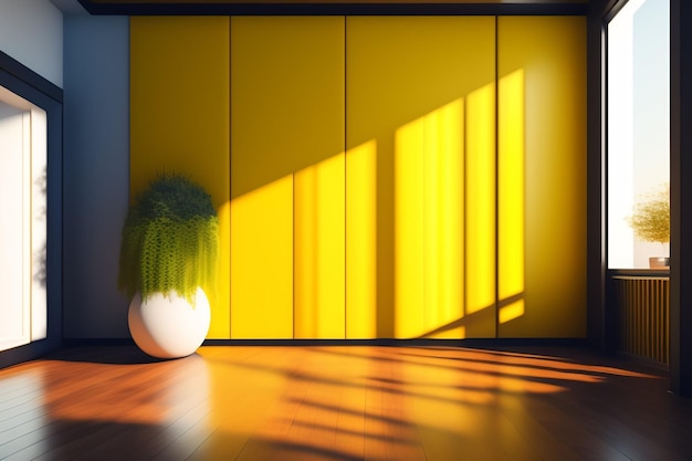 Uma porta amarela com uma planta no meio