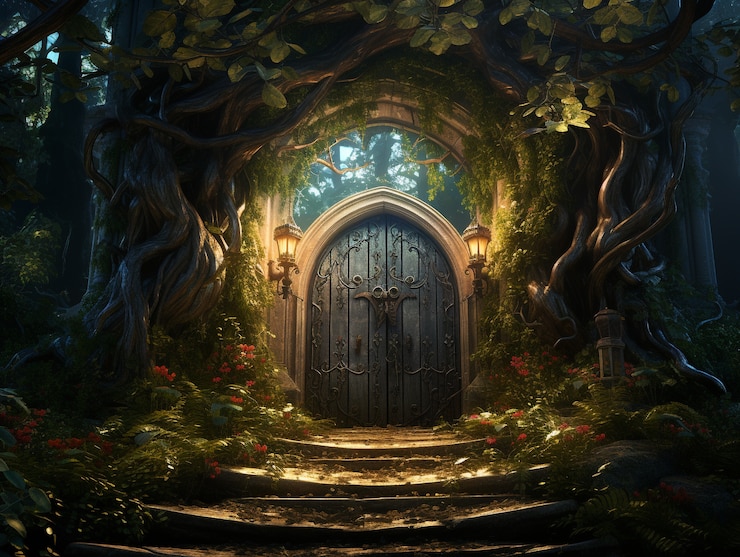 Foto grátis uma porta que se estende para o mundo da fantasia