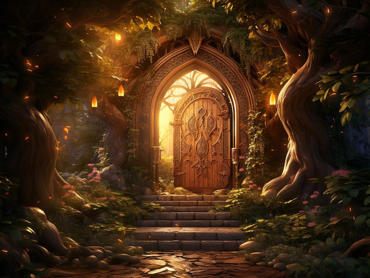 Foto grátis uma porta que se estende para o mundo da fantasia