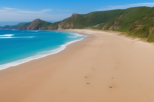 Uma praia com céu azul e uma montanha ao fundo