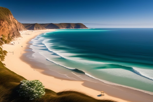 Uma praia com um céu azul e ondas