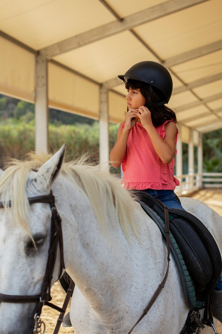 Foto grátis uma rapariga a aprender a andar a cavalo.