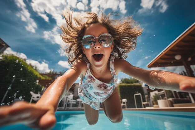 Uma rapariga a divertir-se na piscina.