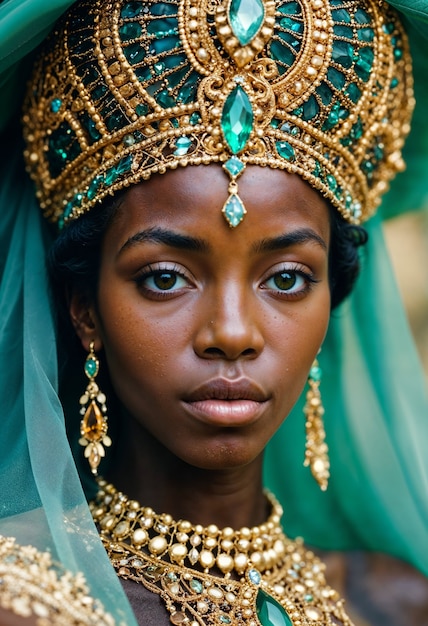 Uma rapariga africana com uma coroa e um colar de luxo.