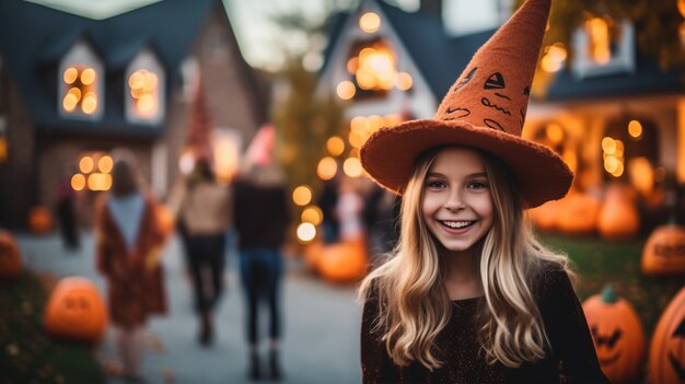 Uma rapariga de altura média com um chapéu de bruxa.