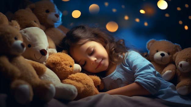 Uma rapariga de tom médio a dormir com brinquedos.