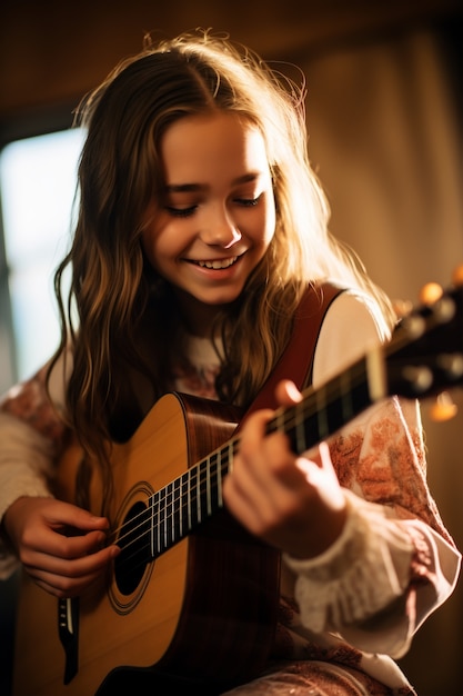 Uma rapariga de tom médio a tocar guitarra.