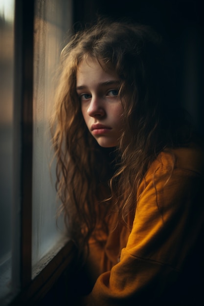 Uma rapariga deprimida à janela.
