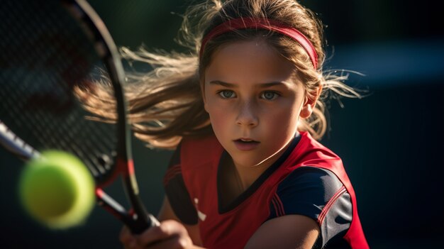 Uma rapariga média a jogar ténis.
