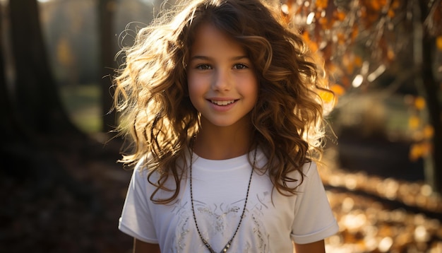 Foto grátis uma rapariga sorridente a desfrutar da natureza, despreocupada e cheia de felicidade gerada pela inteligência artificial.