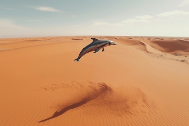 Uma representação surreal de um golfinho no deserto.