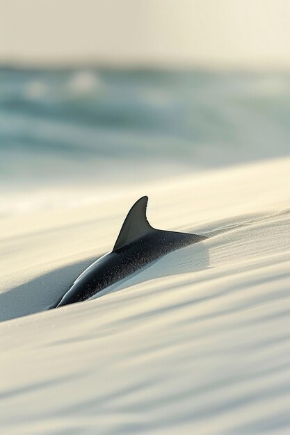 Uma representação surreal de um golfinho no deserto.