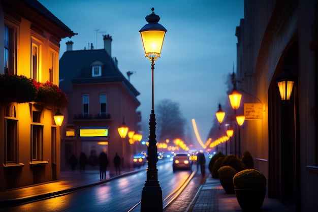 Uma rua com um poste de luz amarelo