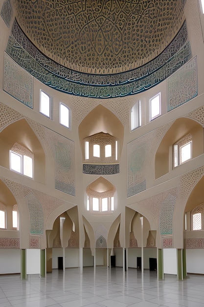 Foto grátis uma sala com muitas janelas e um teto com um padrão azul e branco.