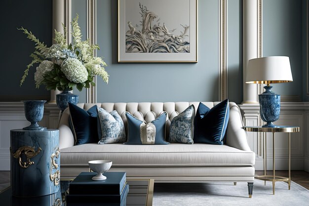 Uma sala com um sofá azul e branco e um quadro azul e branco.