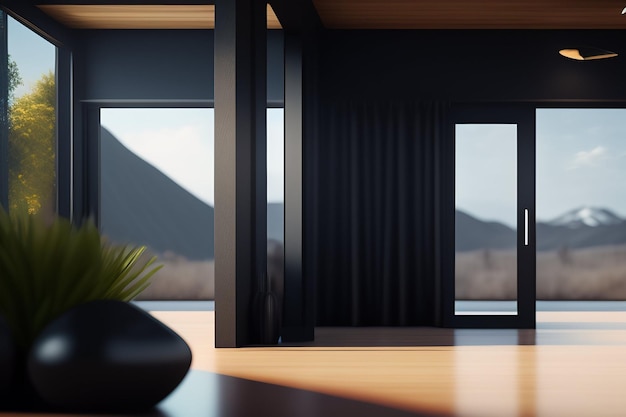 Uma sala com uma janela e uma planta sobre a mesa