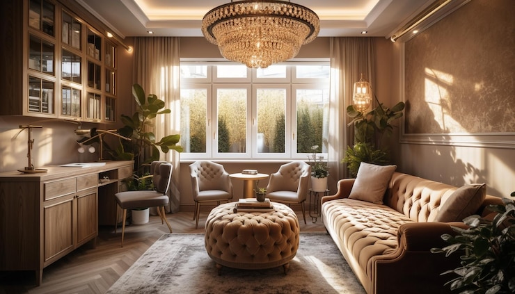 Foto grátis uma sala de estar com um lustre e um sofá com várias almofadas e um grande lustre.