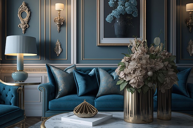 Uma sala de estar com um sofá azul e um vaso de flores sobre uma mesa de centro.