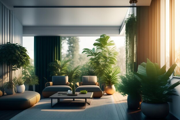 Uma sala de estar com uma grande janela e plantas na parede.
