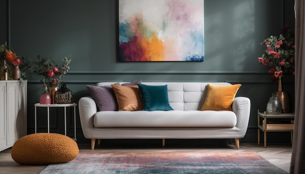 Uma sala de estar moderna e confortável com decoração elegante e assentos gerados por IA