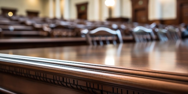 Uma sala de tribunal vazia com cadeiras e uma mesa de juízes deserta