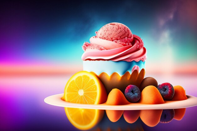 Uma sobremesa colorida com uma tigela de sorvete e um morango por cima.