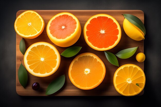 Uma tábua de corte de madeira com frutas diferentes, incluindo laranjas e limões