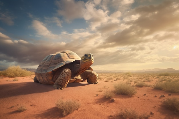 Uma tartaruga bonita no deserto.