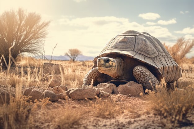 Uma tartaruga bonita no deserto.